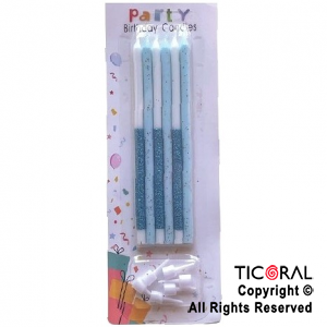 VELA BLANCO CON GIBRE Y BRILLOS CELESTE 12.5 CM x 6 UNIDADES